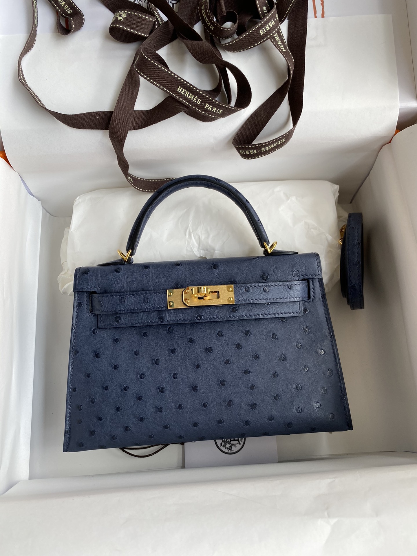 Hermes Kelly Mini II Bag 19CM In Blue Iris Ostrich Leather